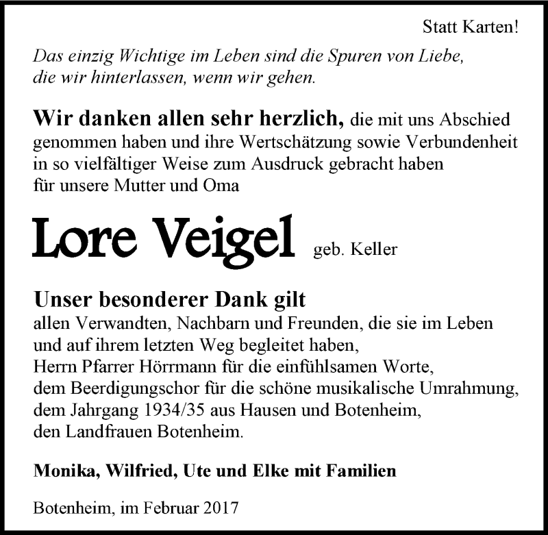  Traueranzeige für Lore Veigel vom 09.02.2017 aus 