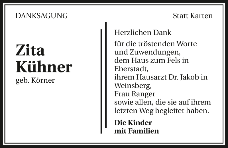  Traueranzeige für Zita Kühner vom 13.02.2017 aus 
