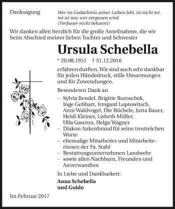 Traueranzeige von Ursula Schebella 