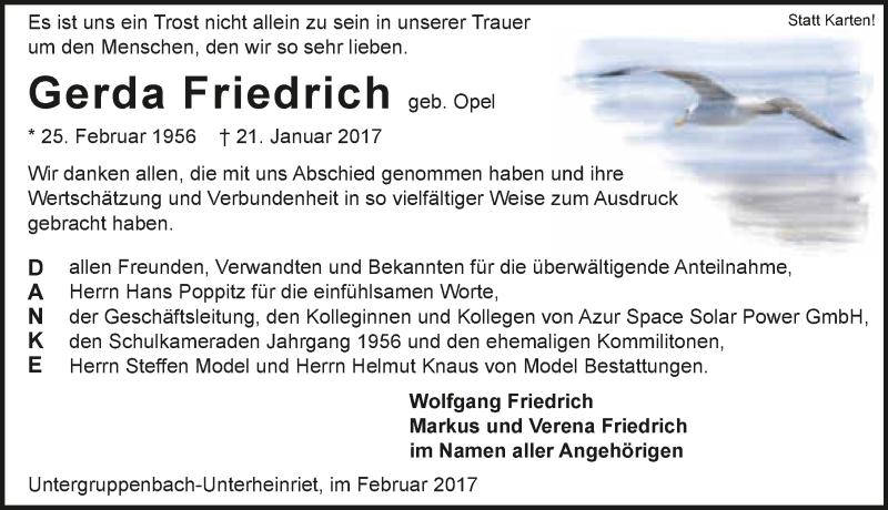  Traueranzeige für Gerda Friedrich vom 04.02.2017 aus 