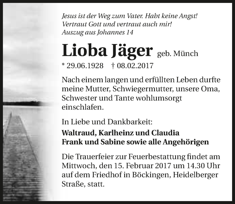  Traueranzeige für Lioba Jäger vom 11.02.2017 aus 