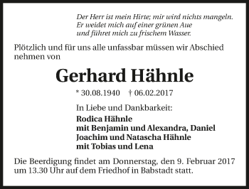 Traueranzeige von Gerhard Hähnle 