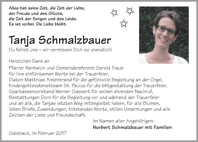  Traueranzeige für Tanja Schmalzbauer vom 16.02.2017 aus 