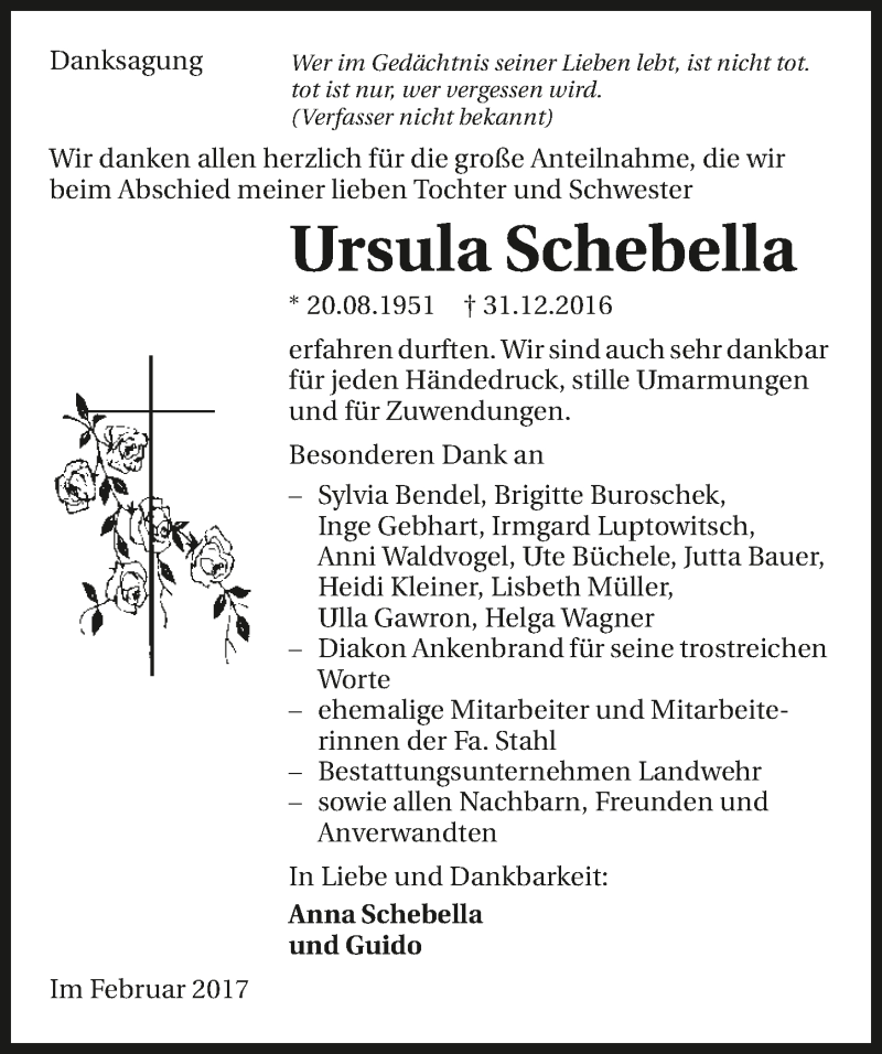  Traueranzeige für Ursula Schebella vom 11.02.2017 aus 