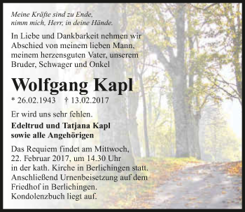 Traueranzeige von Wolfgang Kapl 