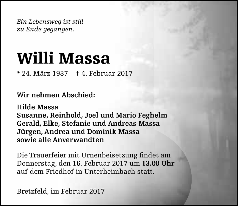  Traueranzeige für Willi Massa vom 14.02.2017 aus 