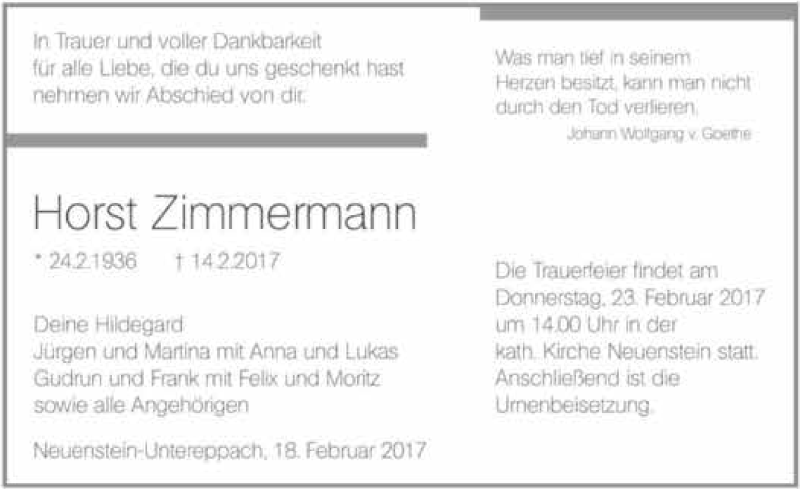  Traueranzeige für Horst Zimmermann vom 18.02.2017 aus 