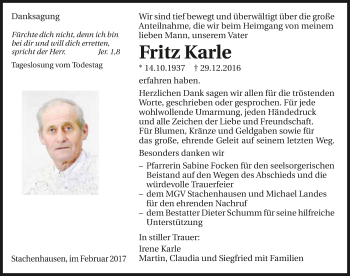 Traueranzeige von Fritz Karle 