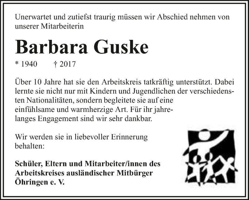  Traueranzeige für Barbara Guske vom 18.02.2017 aus 