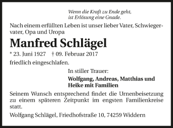 Traueranzeige von Manfred Schlägel 