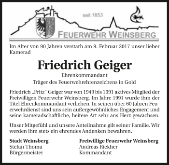 Traueranzeige von Friedrich Geiger 