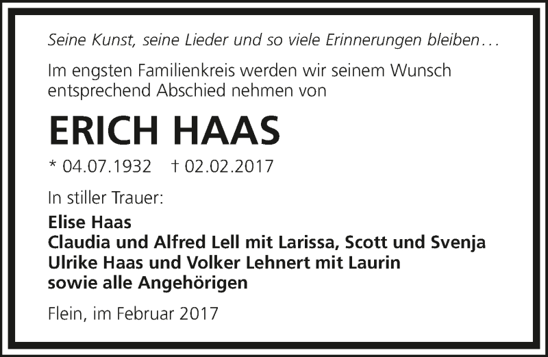  Traueranzeige für Erich Haas vom 11.02.2017 aus 