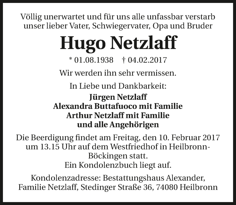  Traueranzeige für Hugo Netzlaff vom 08.02.2017 aus 