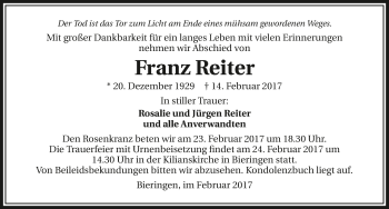 Traueranzeige von Franz Reiter 
