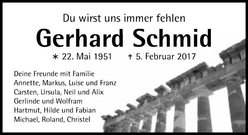  Traueranzeige für Gerhard Schmid vom 11.02.2017 aus 