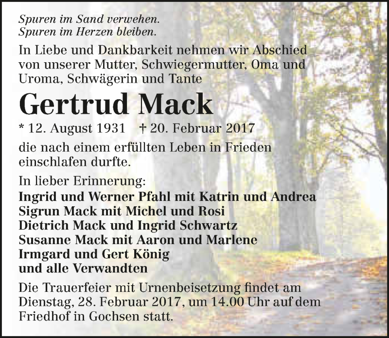  Traueranzeige für Gertrud Mack vom 24.02.2017 aus 