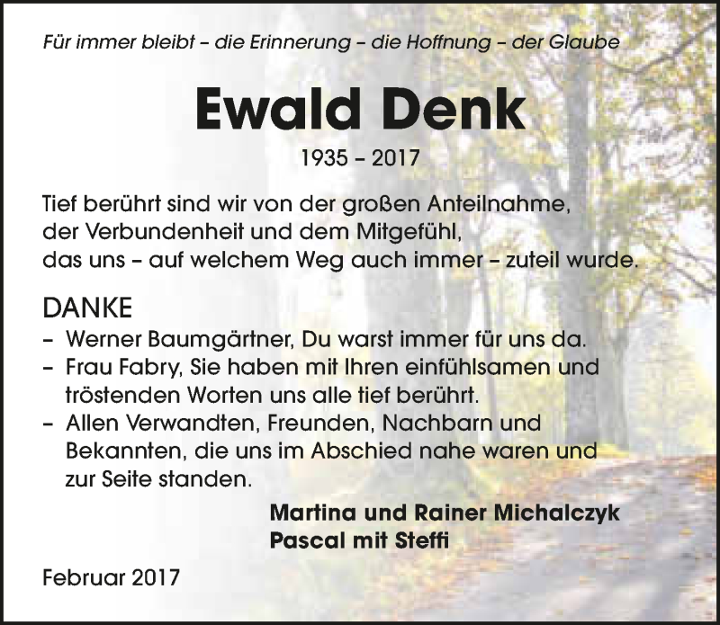  Traueranzeige für Ewald Denk vom 22.02.2017 aus 
