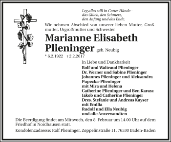 Traueranzeige von Marianne Plieninger 