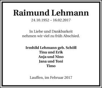 Traueranzeige von Raimund Lehmann 