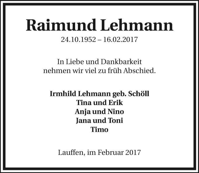  Traueranzeige für Raimund Lehmann vom 18.02.2017 aus 