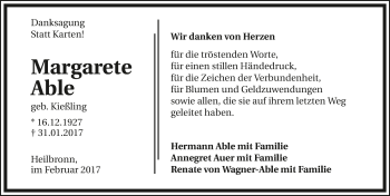Traueranzeige von Margarete Able 