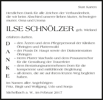Traueranzeige von Ilse Schnölzer 