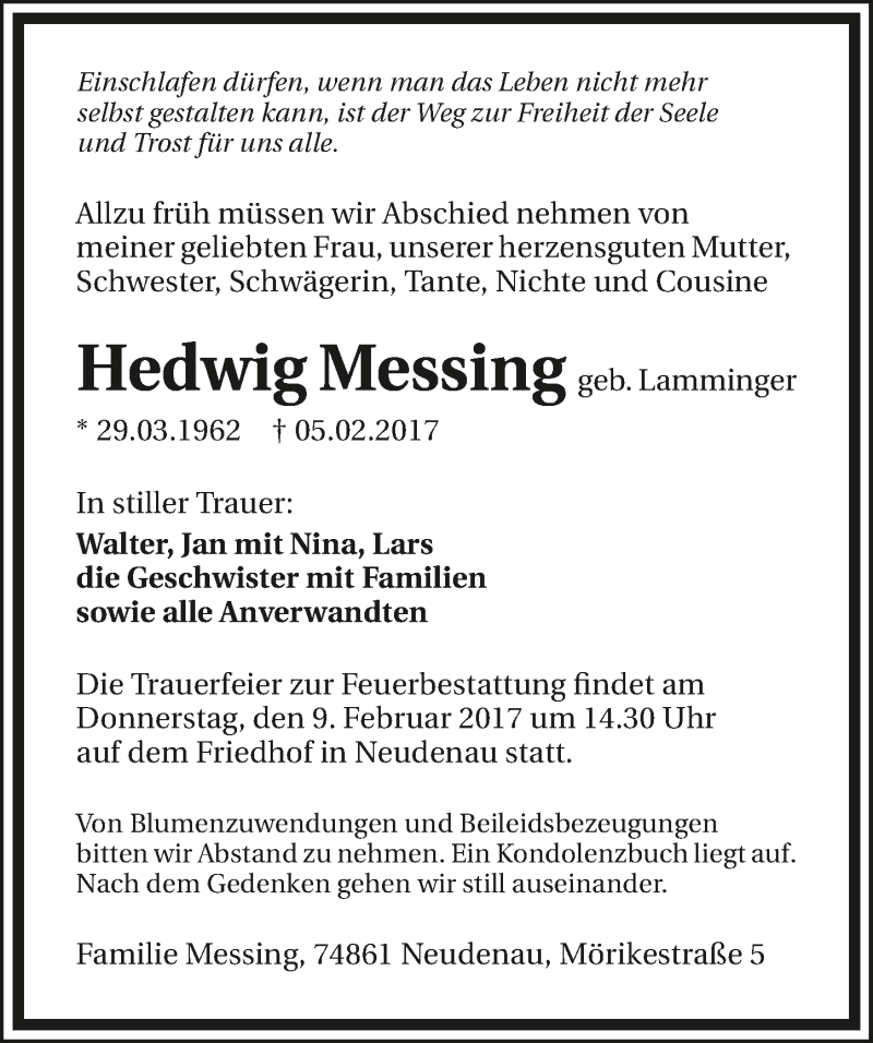  Traueranzeige für Hedwig Messing vom 07.02.2017 aus 