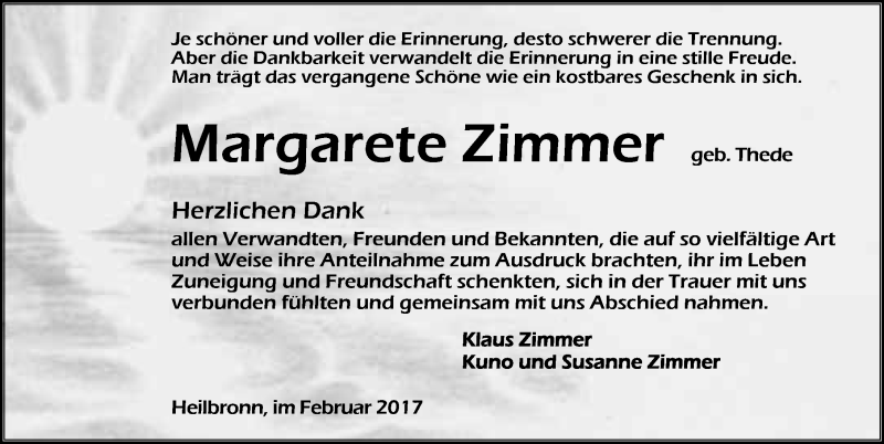  Traueranzeige für Margarete Zimmer vom 07.02.2017 aus 
