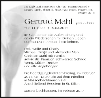 Traueranzeige von Gertrud Mahl 