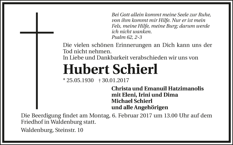  Traueranzeige für Hubert Schierl vom 02.02.2017 aus 
