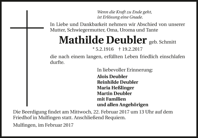  Traueranzeige für Mathilde Deubler vom 21.02.2017 aus 