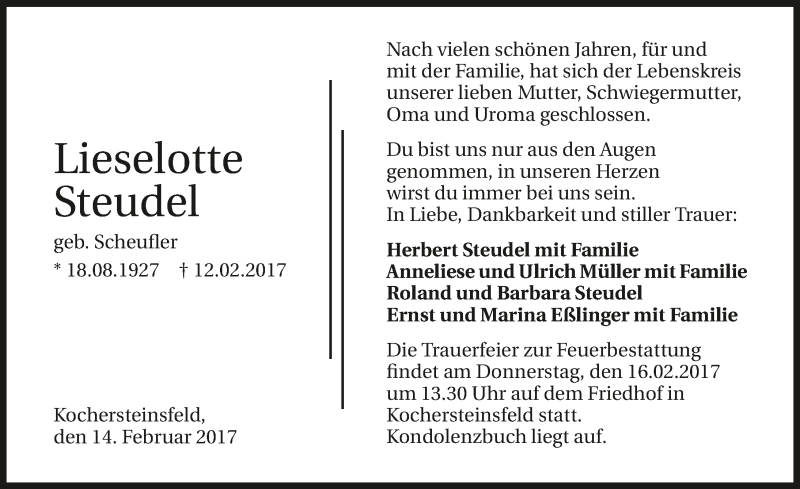  Traueranzeige für Lieselotte Steudel vom 14.02.2017 aus 