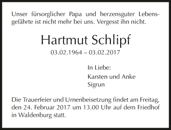 Traueranzeige von Hartmut Schlipf 