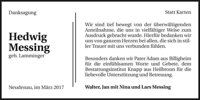  Traueranzeige für Hedwig Messing vom 01.03.2017 aus 