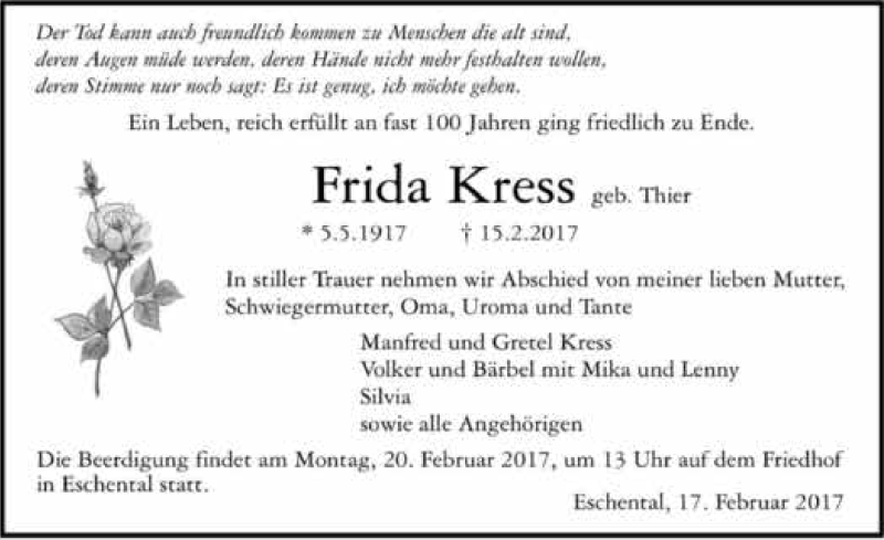  Traueranzeige für Frida Kress vom 17.02.2017 aus 