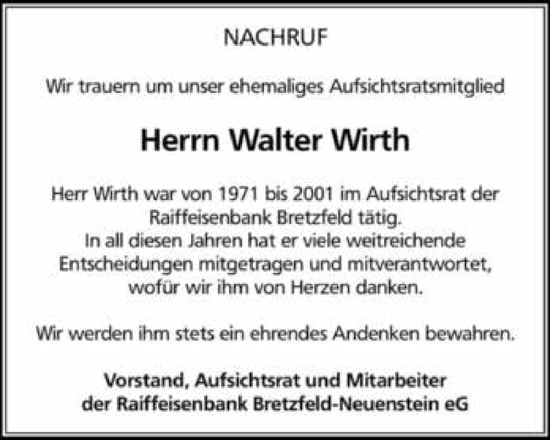  Traueranzeige für Walter Wirth vom 07.02.2017 aus 