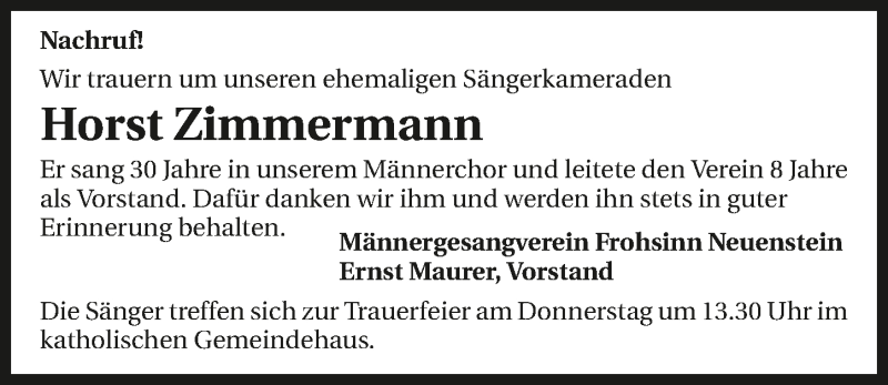  Traueranzeige für Horst Zimmermann vom 22.02.2017 aus 