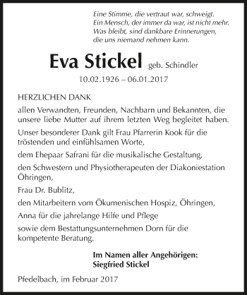 Traueranzeige von Eva Stickel 