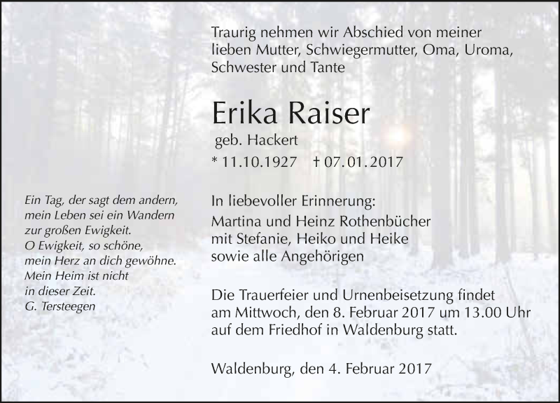  Traueranzeige für Erika Raiser vom 04.02.2017 aus 
