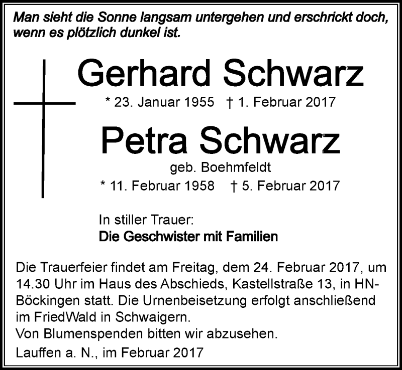  Traueranzeige für Gerhard und Petra Schwarz vom 17.02.2017 aus 