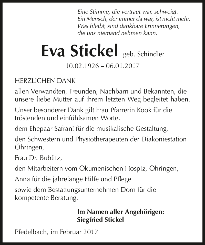  Traueranzeige für Eva Stickel vom 07.02.2017 aus 