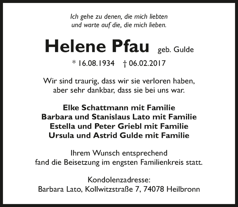  Traueranzeige für Helene Pfau vom 18.02.2017 aus 