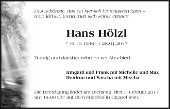 Traueranzeige von Hans Hölzl 