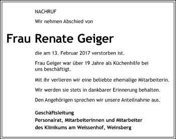 Traueranzeige von Renate Geiger 