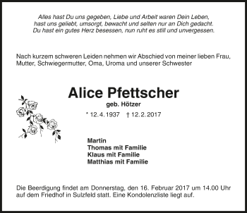 Traueranzeige von Alice Pfettscher 