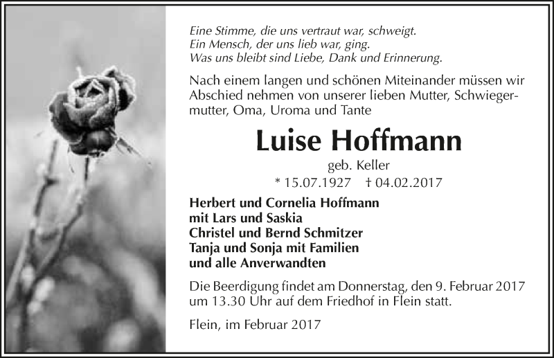  Traueranzeige für Luise Hoffmann vom 07.02.2017 aus 