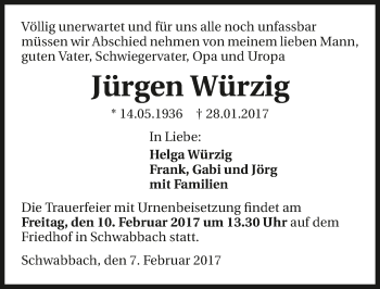 Traueranzeige von Jürgen Würzig 