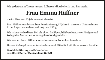 Traueranzeige von Emma Häffner 
