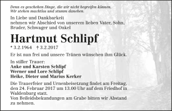 Traueranzeige von Hartmut Schlipf 