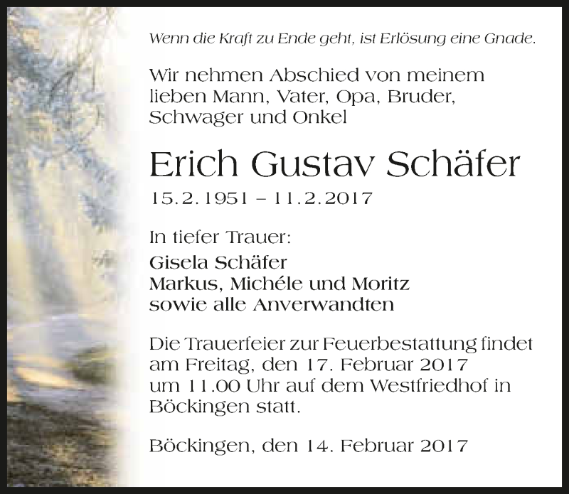  Traueranzeige für Erich Gustav Schäfer vom 14.02.2017 aus 